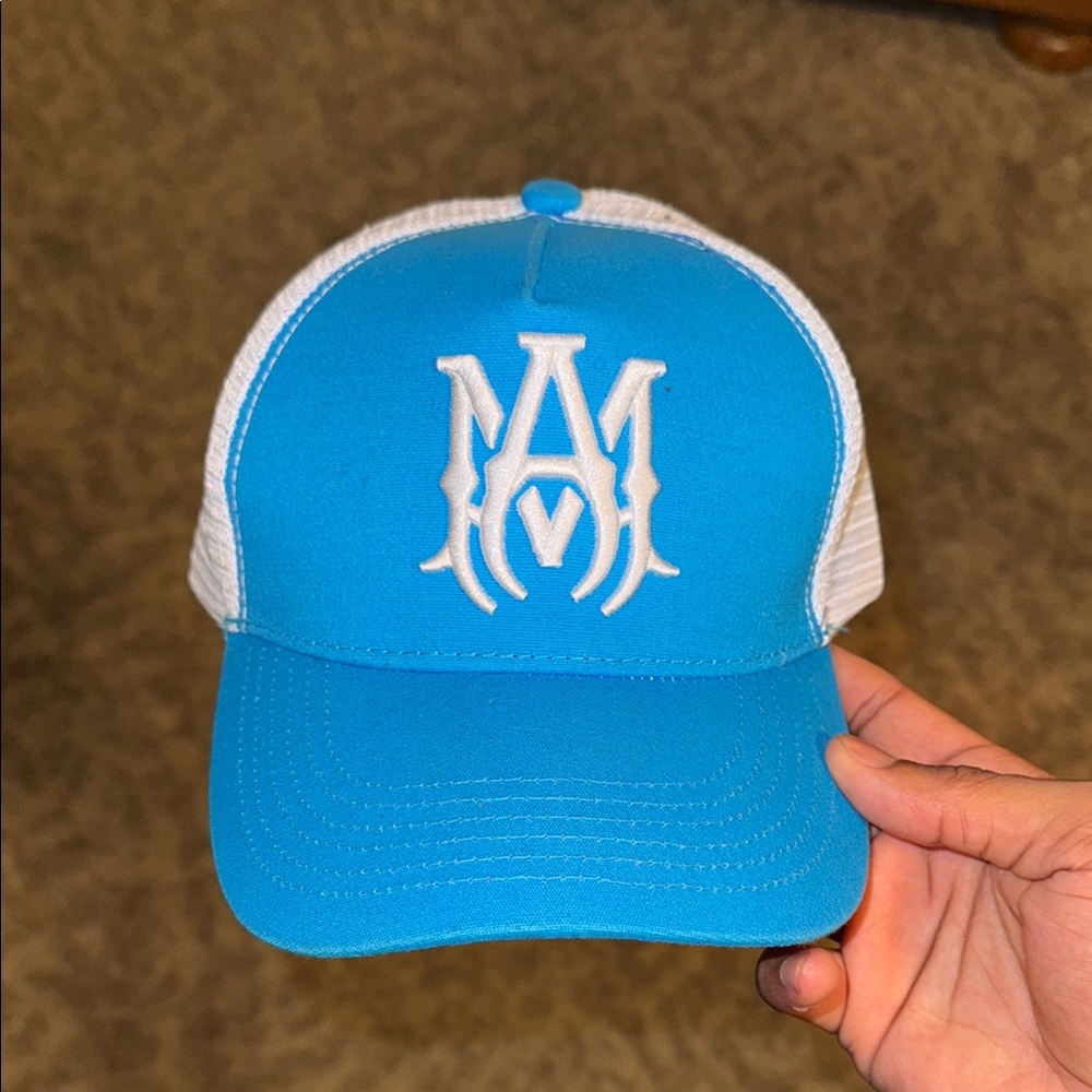 Blue Mesh Trucker Hat with White Logo